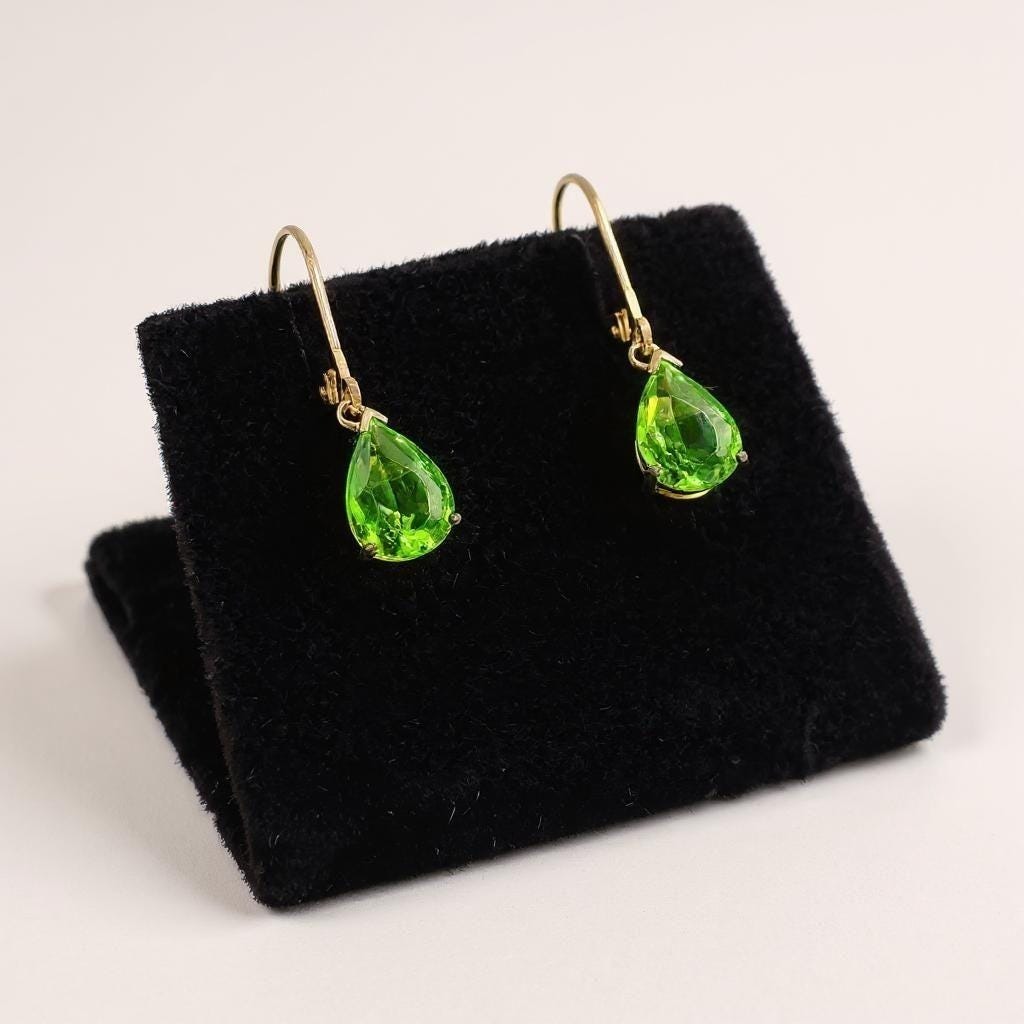 Stauer Helenite Earrings Pear Cut Green Gems Gold Over Silver Lever Back Dangles 125$